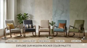 A collection of modern rocking chairs in neutral tones like beige, charcoal, and olive green.