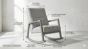 Illustration showing the height, width, and depth dimensions of a modern rocking chair.