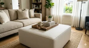 A minimalist oversized square ottoman coffee table with clean lines and neutral linen upholstery.