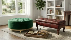 A side-by-side comparison of a sleek mid-century modern storage ottoman and a classic button-tufted version.
