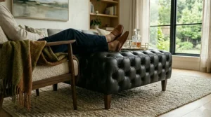 A handmade Moroccan-style leather ottoman pouf with intricate embroidered details.