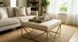 A contemporary cream-colored ottoman coffee table with a gold metal geometric base.