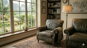 An oversized leather club chair positioned in a spacious open-concept lounge area.