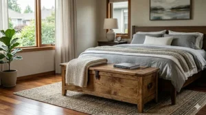 Rustic solid wood end of bed bench with flip-top storage compartment.