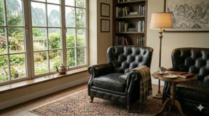 A pair of matching tan leather club chairs arranged symmetrically in a contemporary sitting area.