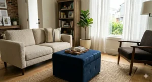 A compact navy blue velvet ottoman used as a coffee table in a small apartment living area.