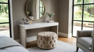 A compact round velvet ottoman in champagne beige used as a seat for a makeup vanity.