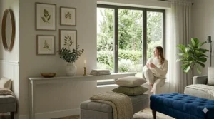 Compact cream-colored upholstered bench ideal for small living room floor plans.