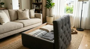 An upholstered rectangular storage ottoman coffee table with the lid open showing organized blankets inside.