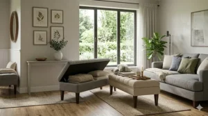 Hinged storage upholstered bench for living room organization holding blankets and pillows.