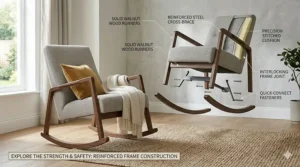 Diagram showing the reinforced steel frame construction of a heavy-duty modern rocking chair.