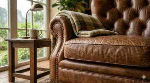 Close-up view of premium top-grain leather upholstery on a comfortable club chair.