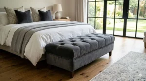 A long rectangular charcoal velvet ottoman bench placed at the foot of a king-sized bed.