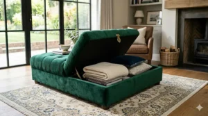 An open emerald green velvet ottoman showing internal storage space for blankets and pillows.