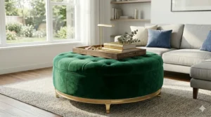 Close-up of a luxury green velvet storage ottoman highlighting the soft texture and gold legs.