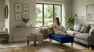 Close-up of a blue velvet upholstered bench for living room seating with gold metal accents.