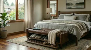 Versatile grey fabric bench with storage being used at the foot of a bed for shoe organization.