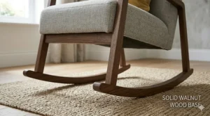 Solid walnut wood legs and runners of a mid-century modern rocking chair.