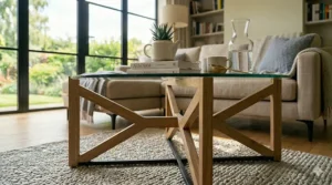 A two-tier glass coffee table with a bottom shelf for magazine storage.