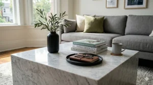 Close-up detail of a polished Carrara marble coffee table surface showing natural grey stone patterns.