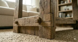 Applying protective wood wax to a rustic coffee table surface to maintain its natural finish.