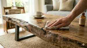 Infographic illustration showing how to properly clean and polish a solid wood coffee table surface.