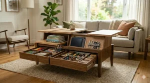 Line drawing of a rustic coffee table with storage drawers on one side and open shelving on the other.