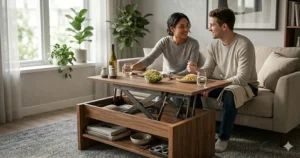 Illustration showing a lift top coffee table being used as a dining surface for two people on a sofa.