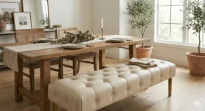 Long cream-colored tufted bench used as seating for a rustic wooden dining room table.
