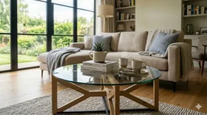 An elegant rectangular glass coffee table with a brushed gold metal frame.