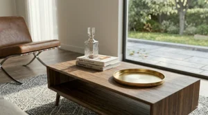 A minimalist wooden mid century modern coffee table supported by black industrial metal hairpin legs.