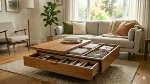 Cutaway view illustrating books, remotes, and blankets neatly organized inside a coffee table with storage.