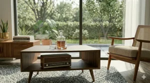 A dark toned mid century modern coffee table styled with decorative hardcover books and a small ceramic flower vase.