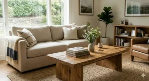 A rustic coffee table decorated with a ceramic vase, stacked books, and a scented candle.