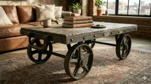 Vintage industrial coffee table styled like a factory cart with large iron wheels and weathered timber.