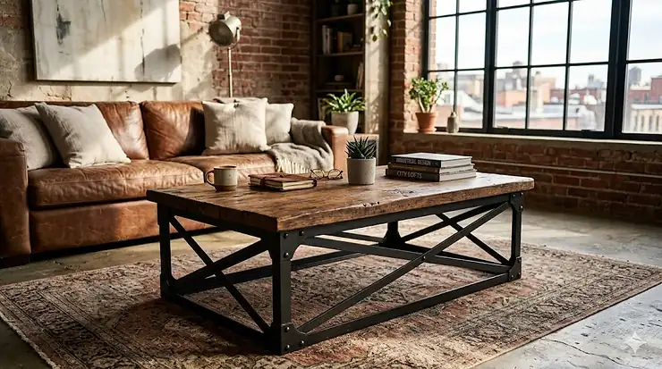 A rustic industrial coffee table with a reclaimed wood top and black iron legs in a modern loft living room.