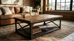 Rectangular industrial coffee table featuring a built-in mesh metal shelf for storage beneath a dark wood surface.