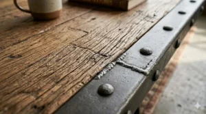 Close-up detail of the textured reclaimed wood grain and heavy-duty metal rivets on an industrial coffee table.