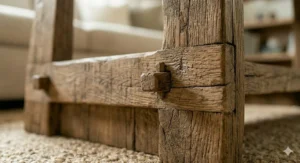 An industrial style rustic coffee table made from weathered wood planks and antique iron factory wheels.