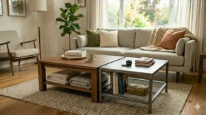 Graphic illustration comparing a warm oak wood coffee table with storage to an industrial metal mesh option.