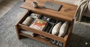 Top-down view illustration highlighting the large hidden storage compartment inside a lift top coffee table.