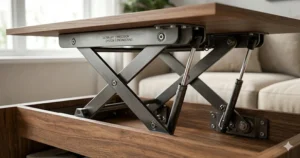 Technical illustration showing the internal spring and hydraulic lifting mechanism of a coffee table.