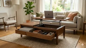 Illustration of a lift-top coffee table with storage showing the mechanism raised to a desk height.