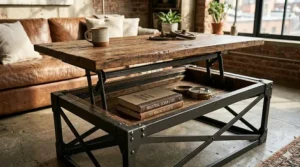A functional lift-top industrial coffee table with the wooden surface raised to reveal hidden internal compartments.