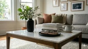 High-end honed marble coffee table with a thick stone slab base in a luxury interior setting.