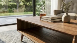 An organic kidney shaped mid century modern coffee table in an open concept living space.