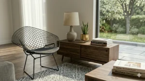 A functional rectangular mid century modern coffee table built with hidden storage drawers and clean lines.