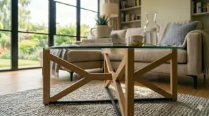 An iconic mid-century modern triangle glass coffee table with a sculptural wooden base.