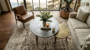 Mid-century modern round coffee table with tapered walnut legs and a smooth circular top.