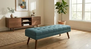Mid-century modern tufted bench with tapered wooden legs and teal fabric.